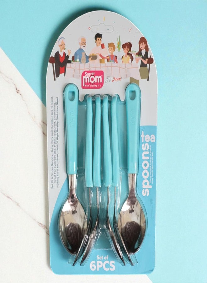 SUPERMOM Spoon Set for Kitchen 6 Pcs - Stainless Steel Tea Spoon with Comfortable Plastic Handle - Durable Rust-Resistant Spoon Set for Kids Cutlery, Tea, Coffee, Desserts Eating & Daily Dining (Blue) - Image 4